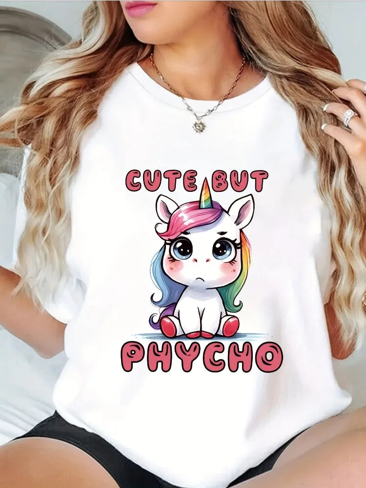 Emotional Unicorn Print Round Neck Womens T-Shirt Spring and Summer Casual Short Sleeve Top Women Short Sleeve Top Clothing