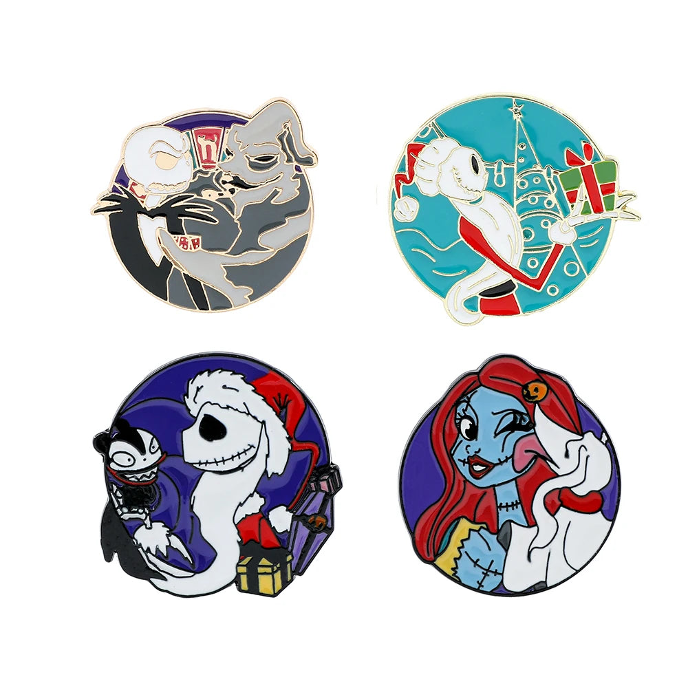4 Pcs Anime Funny Brooch Santa Jack Skellington Christmas Enamel Pin Backpack Clothing Jewelry Metal Badge Accessories Gift