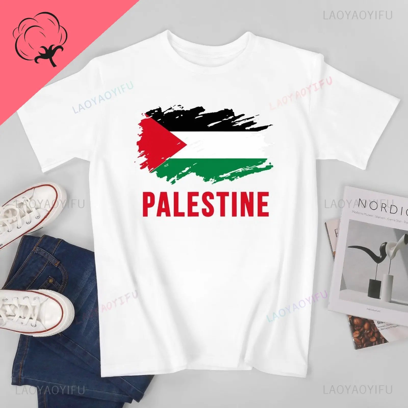 Classic Unisex Men Vintage Palestine Flag Printed T-shirt Casual Loose Tees T Shirts Women Summer Outdoors Cotton T-Shirt