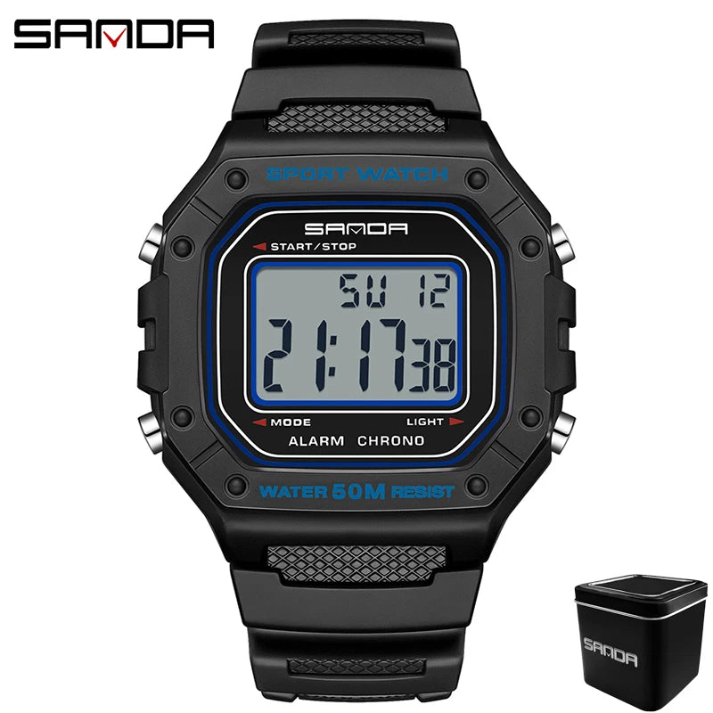 SANDA 2156 Men Watch New Model Electronic Digital Movement Rectangle Led Display Dial Outdoor Sports Watertight Male Wrist Watch