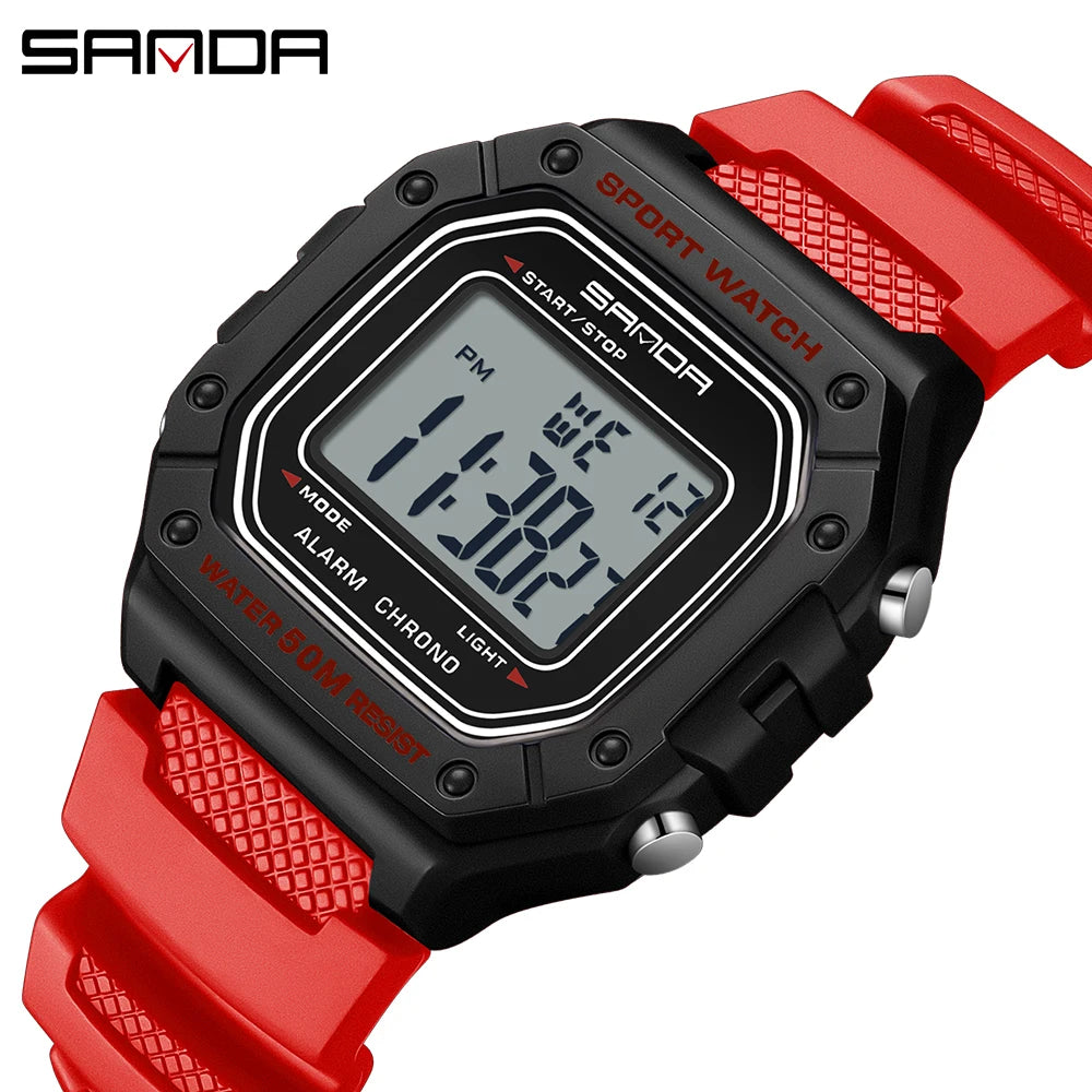SANDA 2156 Men Watch New Model Electronic Digital Movement Rectangle Led Display Dial Outdoor Sports Watertight Male Wrist Watch