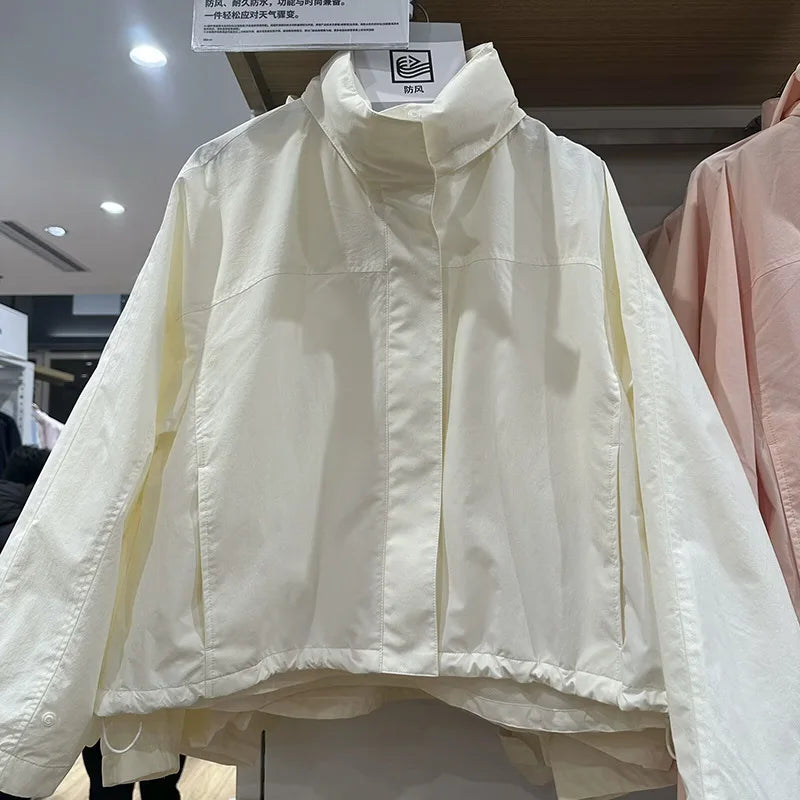 Windproof Stand Collar Jacket Women's Outdoor Casual Hooded Thin Coat Jacket