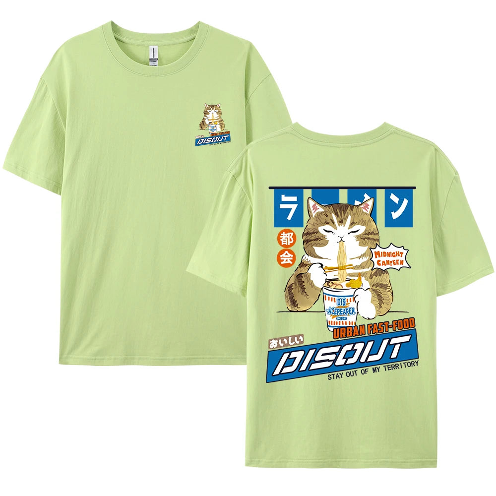 Harajuku Cat Cartoon Eating Noodles Graphic Men Women Tshirts Casual Short Sleeve Tees Japan Style Oversized T Shirt Clothing - Live Store 4U