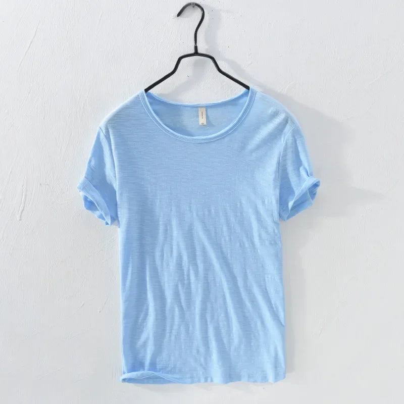 Retro Raw Edge T-Shirt for Men, 100% Cotton, Lightweight,Breathable,Slim-fit, Monochromatic, O-Neck, Casual Basic Top - Live Store 4U