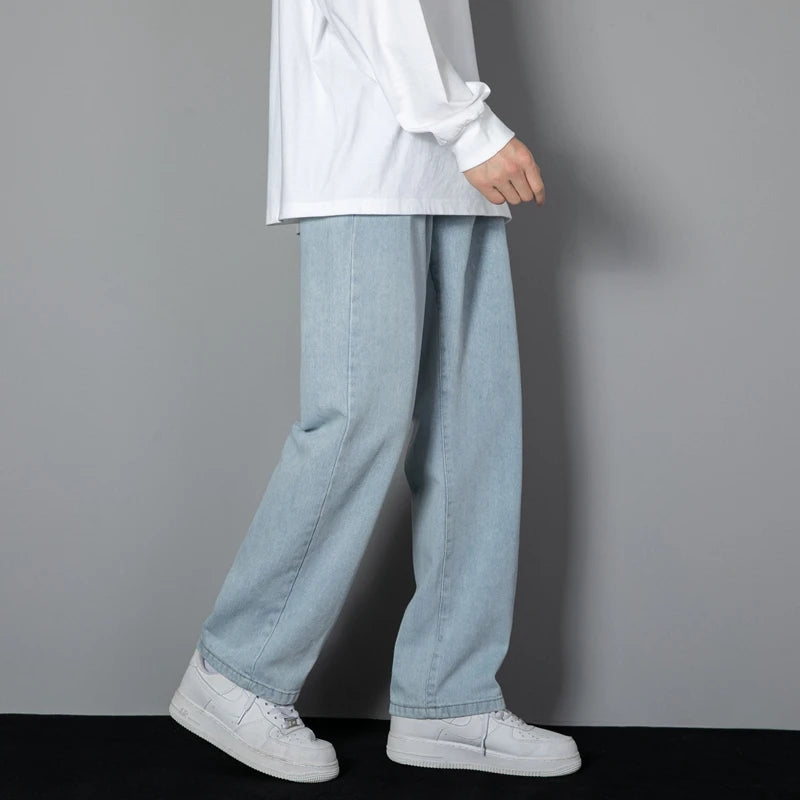 2025 New Korean Men's Casual Long Jeans Classic Man Straight Denim Wide-leg Pants Solid Color Light Blue Grey Black - Live Store 4U