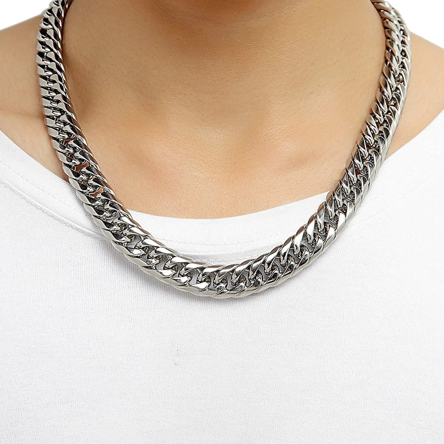 HNSP Stainless Steel Cuban Link Chain Necklace For Men Jewelry 8MM-14MM Width Male Neck Accessories - Live Store 4U
