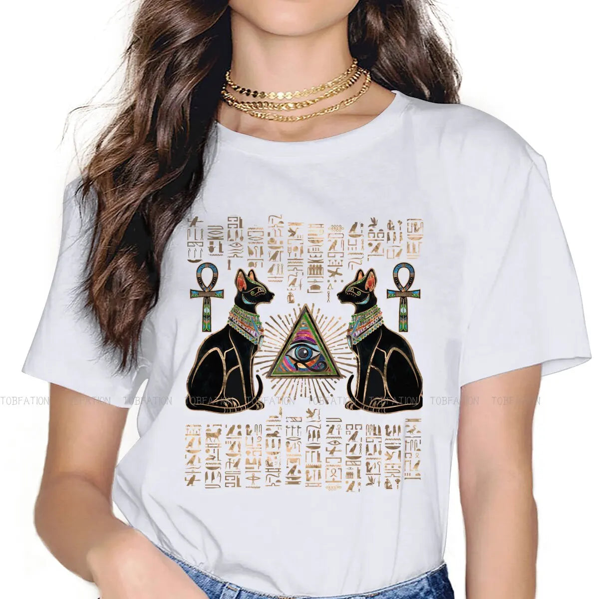 Cat Essential Women Shirts Ancient Egypt Egyptian Korean StyleT-shirt Kawaii 100% Cotton Female Clothing
