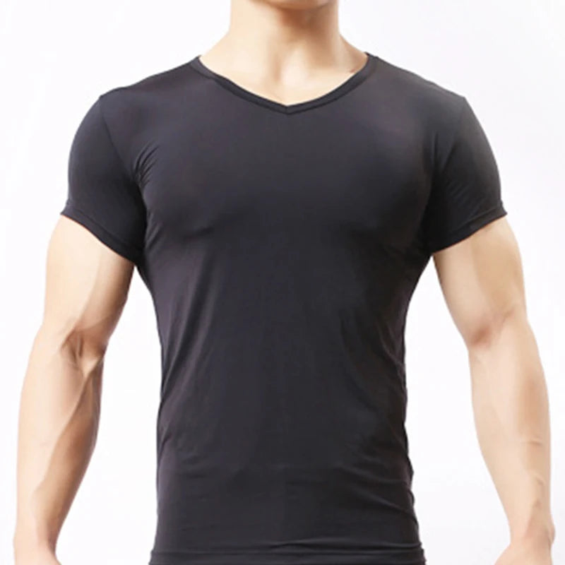 Men's Sheer Undershirts Man Ice Silk Mesh See through Basics Shirts Sexy Fitness Bodybuilding Underwear - Live Store 4U