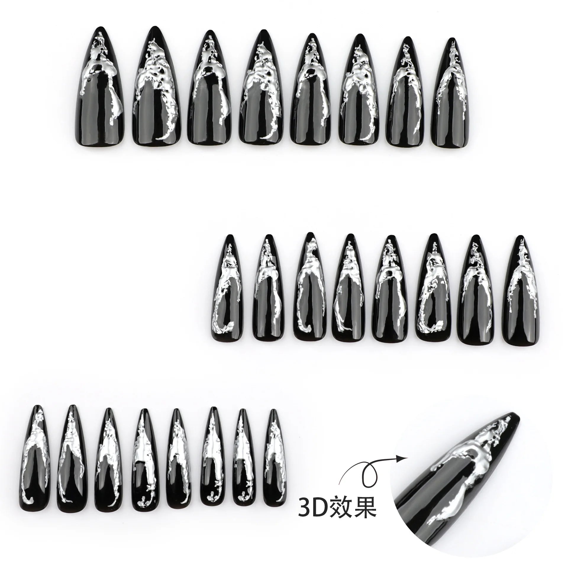 24pcs Press on Nails Dark Long Pointed 3D Silver Full Coverage Nail Tips for Women&Girl Halloween Removable Wearable Fake Nail