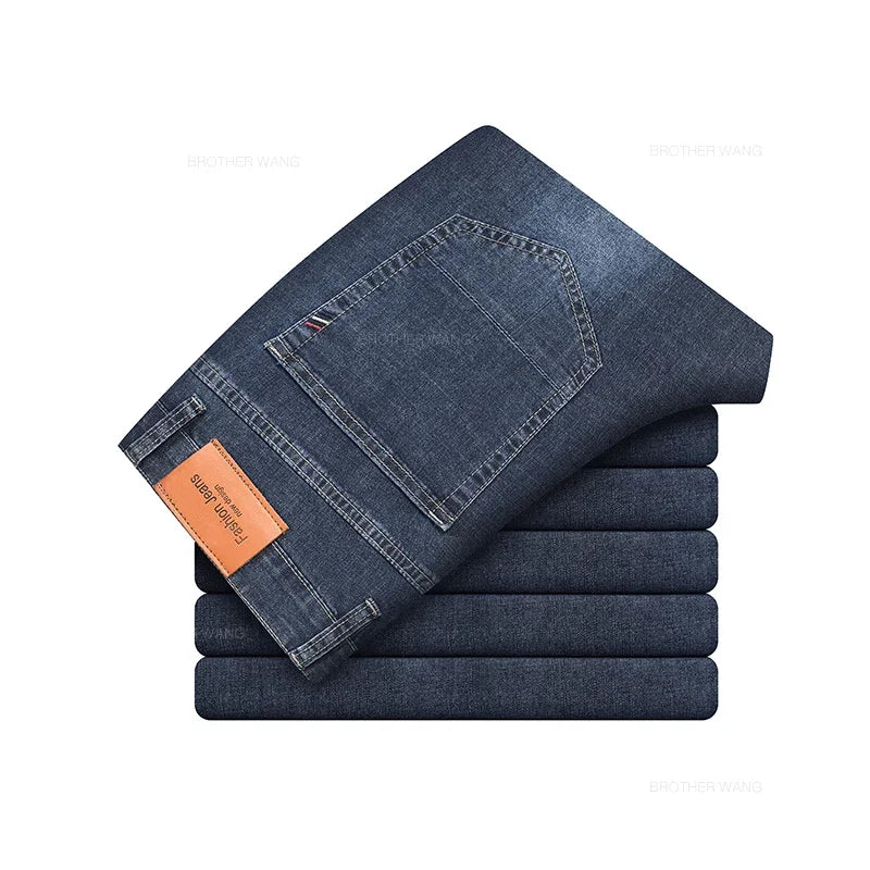 Summer Thin Men's Elastic Cotton Jeans Fashion Gray Comfortable Business Straight Casual Pants Brand Male Clothes Trousers - Live Store 4U
