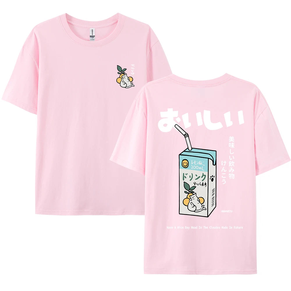 Cute Japanese Cat Print Oversized T-shirt men Women Short Sleeve Loose Casual Tee Shirt Streetwear Tops Cotton Harajuku Clothing - Live Store 4U