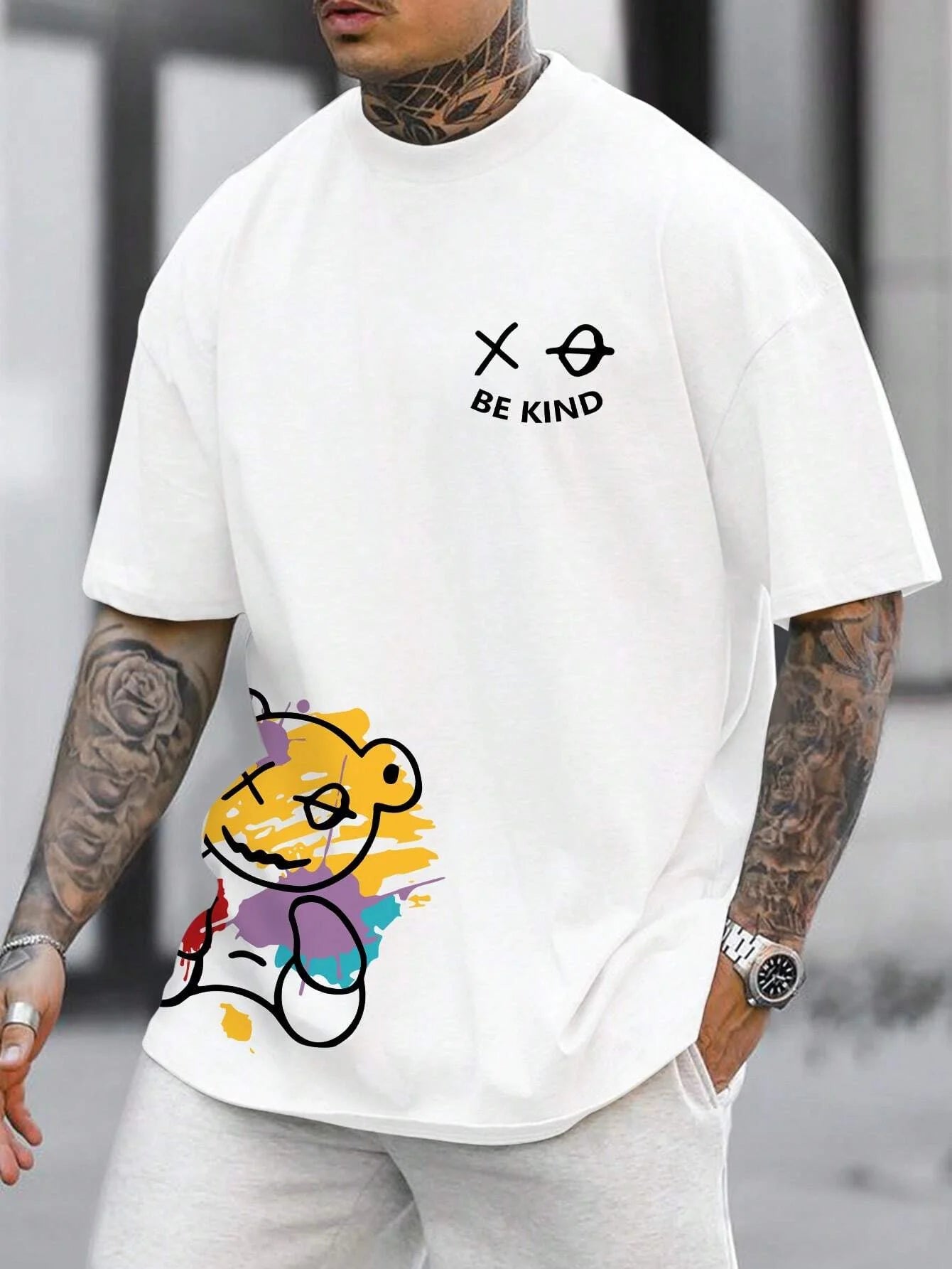 Men's 100% pure cotton summer loose size BE KIND letter cartoon print casual comfortable round neck short sleeved T-shirt top - Live Store 4U