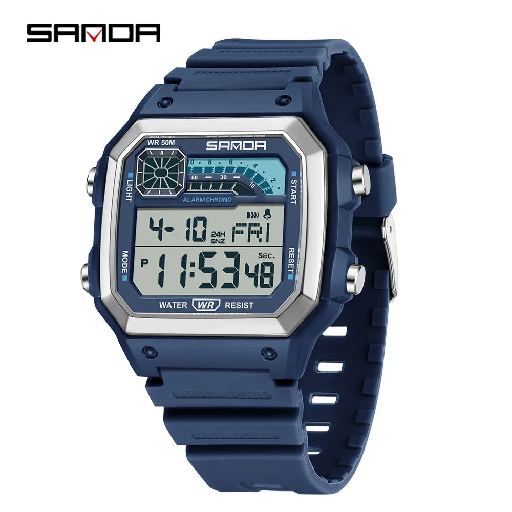 SANDA 6196 Electronic Watch Multi functional Night Glow Waterproof Sports Men's Lightweight Square Classic Student Watch