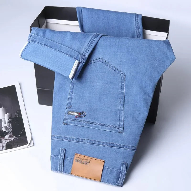 New Ice Silk Thin Denim Jeans For Men Blue Straight Stretch Cotton Pants Business Casual Lightweight Trousers Spring Summer - Live Store 4U