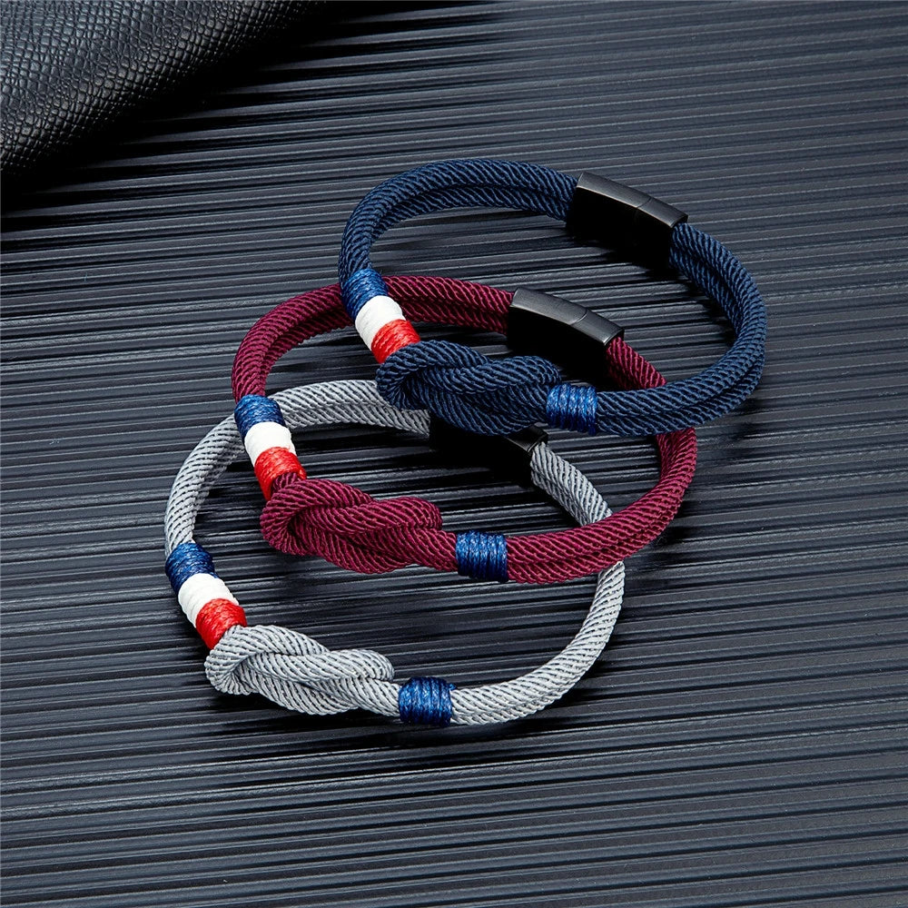 MKENDN Black Stainless Steel Square Knot Rope Bracelet Men Women Handmade Woven Double-Layer Design France Flag Couple Jewelry - Live Store 4U