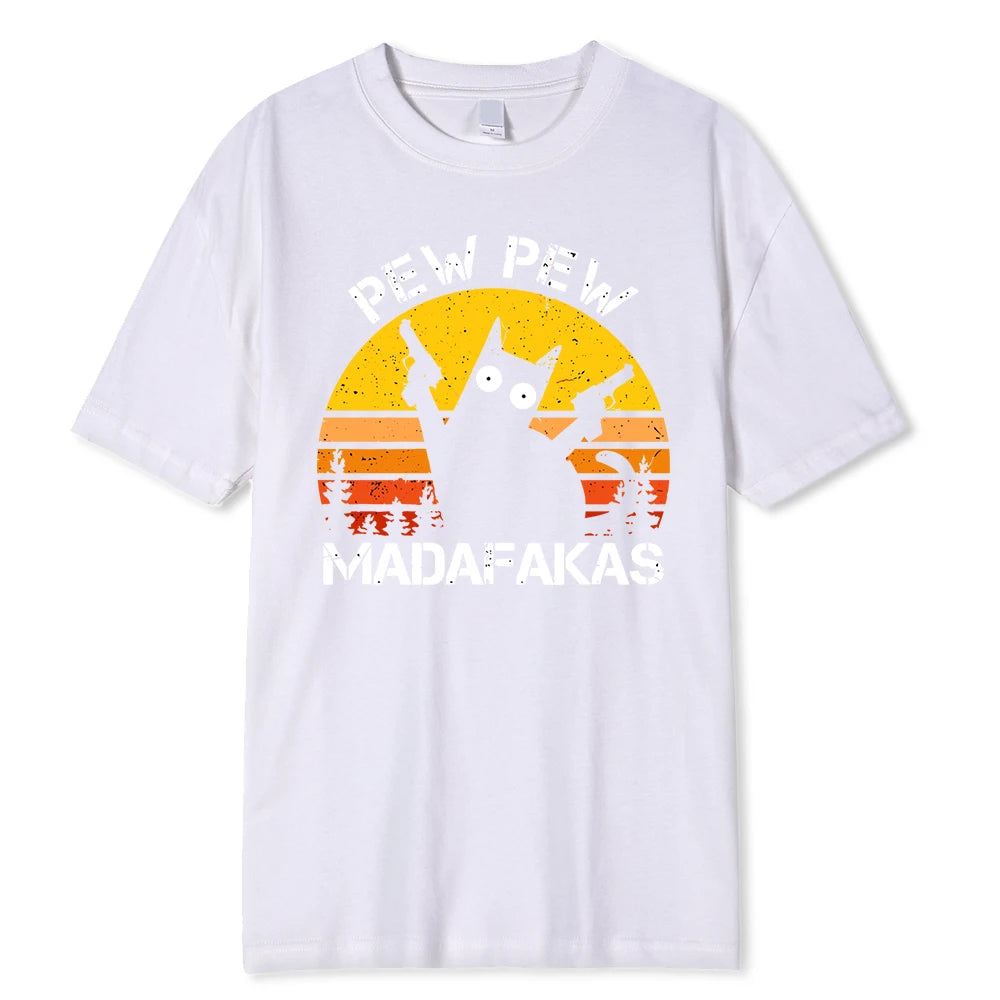 Pew Pew Madafakas Cat With Two Guns Printing Men T Shirts Summer Cotton T-Shirts Breathable Loose Clothes Hip Hop Street Tees - Live Store 4U