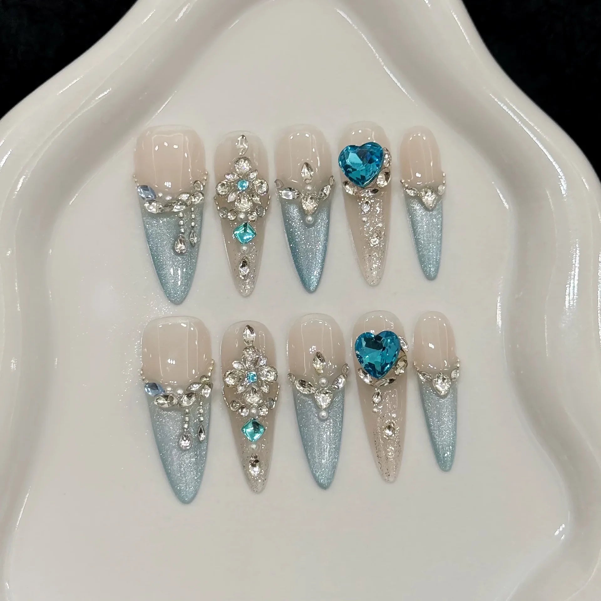 10 PCS Luxury Handmade Press on Nails Long Drop Fully-jewelled Design with 3-PIECE Tool Adhesive Nail Glue Tabs