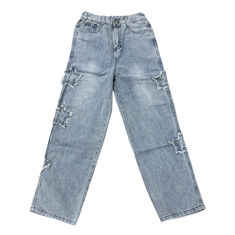 Stars Patchwork Men Jeans New Fashion Y2K Tassel Pants Korea Clothes Straight Hip Hop Splicing Trousers Male Streetwear - Live Store 4U