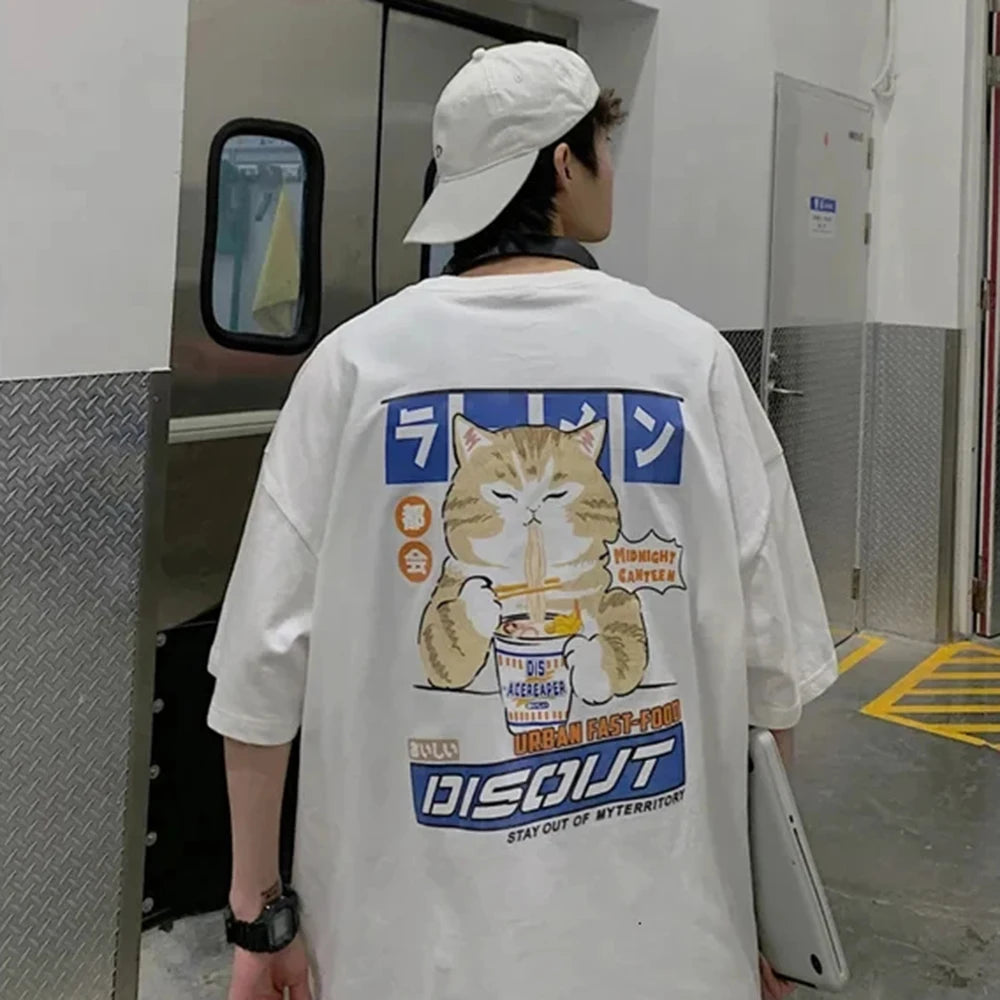 Harajuku Cat Cartoon Eating Noodles Graphic Men Women Tshirts Casual Short Sleeve Tees Japan Style Oversized T Shirt Clothing - Live Store 4U