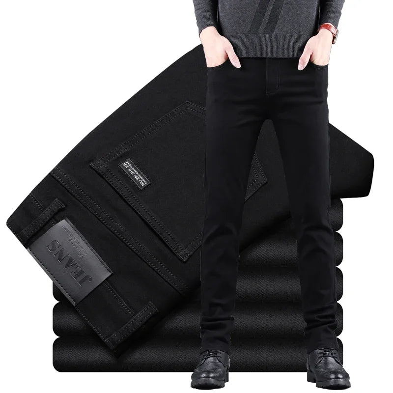 Spring Autumn New Men's Pure Black Slim Jeans Elastic Straight Pants Business Fashion Leisure Korean Vintage Denim Pants Male - Live Store 4U
