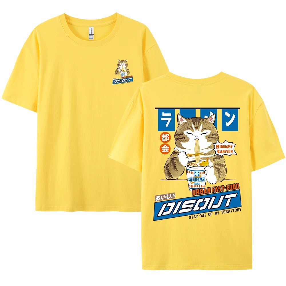 Harajuku Cat Cartoon Eating Noodles Graphic Men Women Tshirts Casual Short Sleeve Tees Japan Style Oversized T Shirt Clothing - Live Store 4U