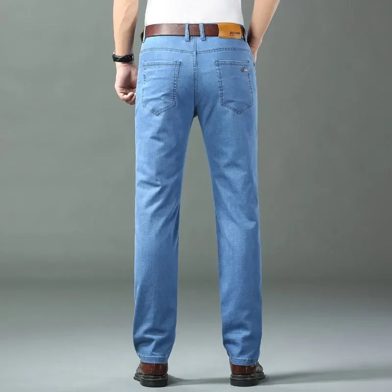 New Ice Silk Thin Denim Jeans For Men Blue Straight Stretch Cotton Pants Business Casual Lightweight Trousers Spring Summer - Live Store 4U