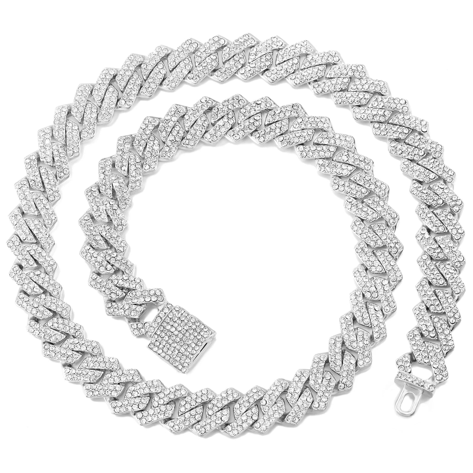 16/18/20/22/24inch Prong Cuban Link Chain for Women Men Iced Out 2 Row Rhinestone Miami Rhombus Hip Hop Cuban Necklaces Jewelry - Live Store 4U