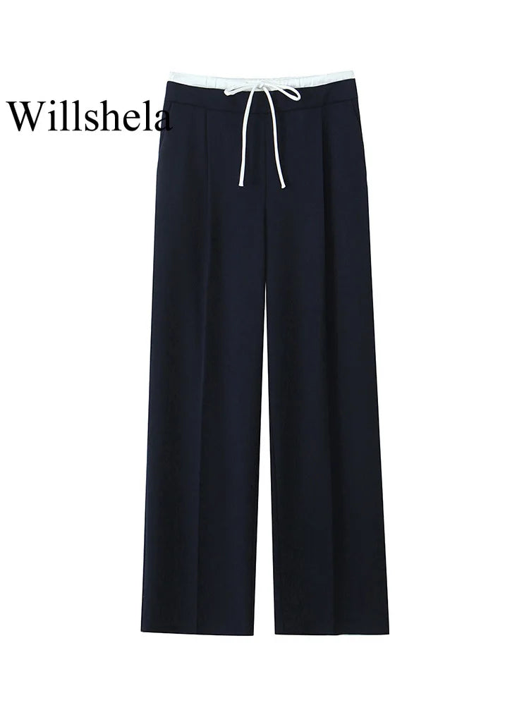 Willshela Women Fashion Solid Lace Up Side Zipper Straight Pants Vintage High Elastic Waist Female Chic Lady Trousers - Live Store 4U