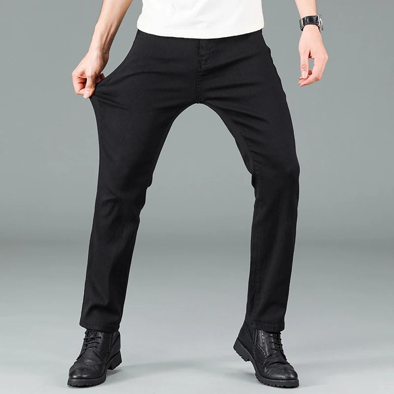Men's pure black jeans Korean version trendy straight fit pants men's comfortable and elastic classic business jeans - Live Store 4U