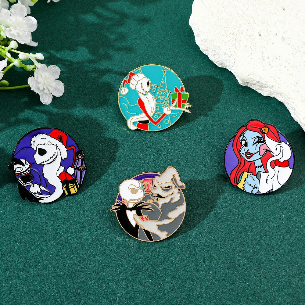 4 Pcs Anime Funny Brooch Santa Jack Skellington Christmas Enamel Pin Backpack Clothing Jewelry Metal Badge Accessories Gift