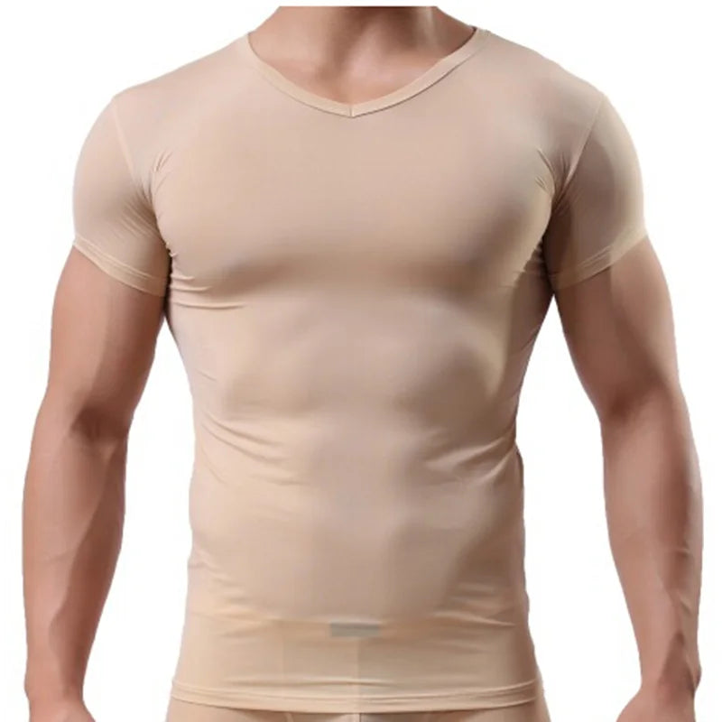 Men's Sheer Undershirts Man Ice Silk Mesh See through Basics Shirts Sexy Fitness Bodybuilding Underwear - Live Store 4U