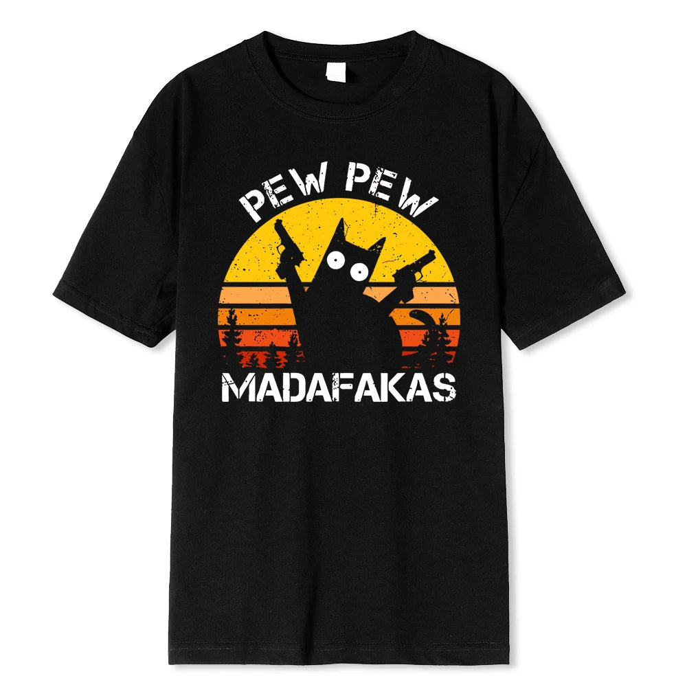 Pew Pew Madafakas Cat With Two Guns Printing Men T Shirts Summer Cotton T-Shirts Breathable Loose Clothes Hip Hop Street Tees - Live Store 4U