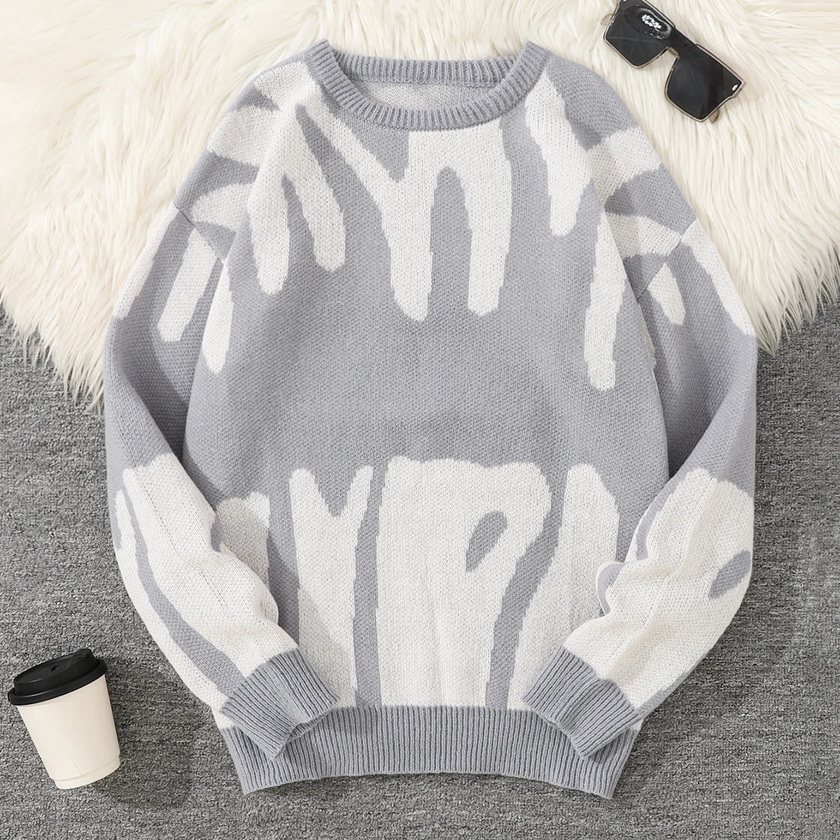 New Popular Autumn Winter Irregular Jacquard Pattern Pullover Sweater Casual Round Neck Contrast Color Knitted Men's Pullover - Live Store 4U
