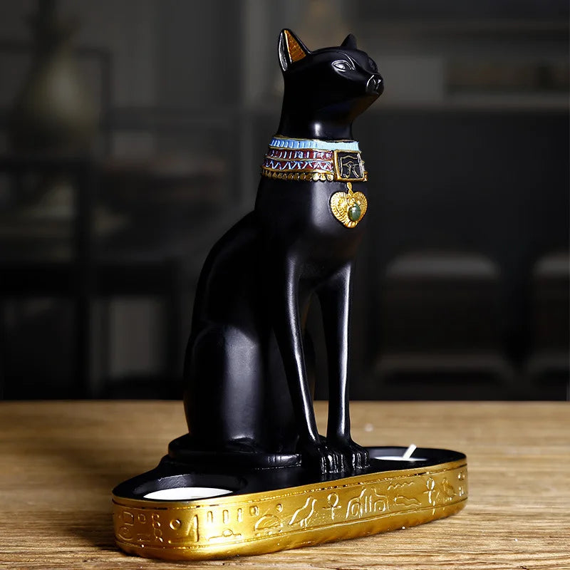 Egyptian Cat Craft Candlestick Candle Holder Resin Statue Retro Cat Goddess Figurine Home Office Garden Decoration Gift Ornament