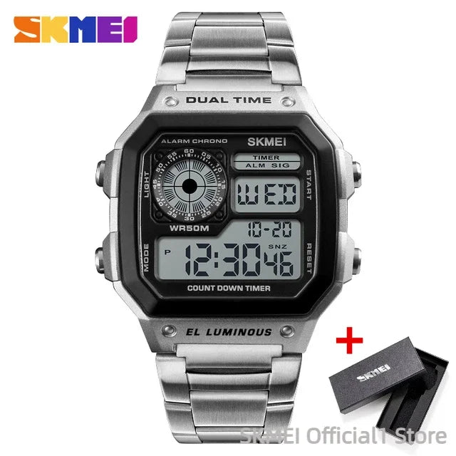 SKMEI 1335 Retro SportsDigital Watch for Men Waterproof Chrono Electronic Mens Wristwatches Stainless Steel Clock Reloj Hombre