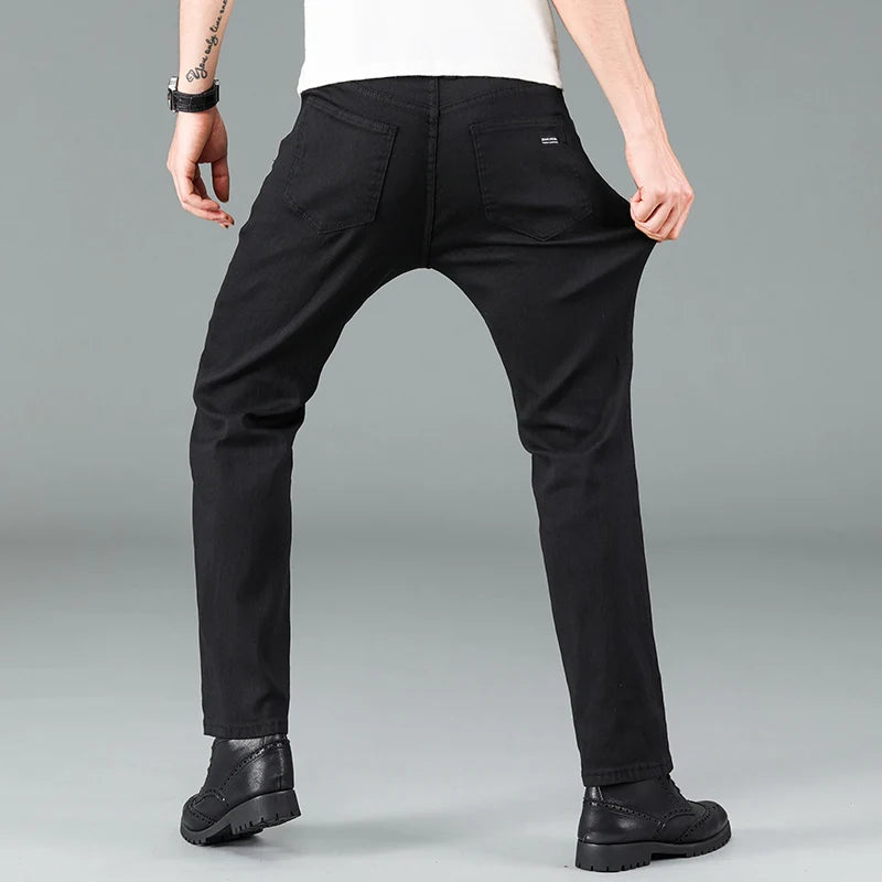 Men's pure black jeans Korean version trendy straight fit pants men's comfortable and elastic classic business jeans - Live Store 4U