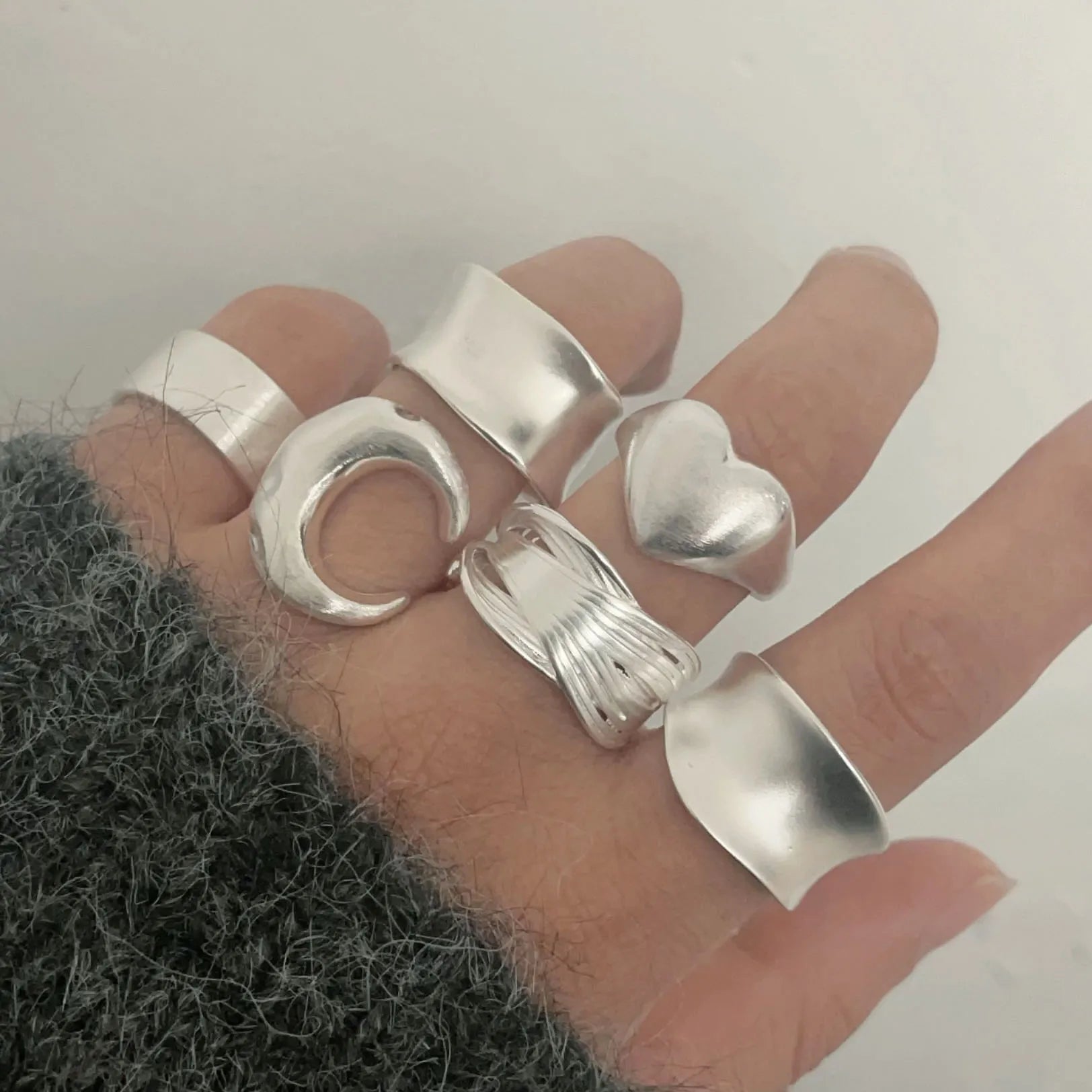 925 Sterling Silver Rings for Women Couple Minimalist Handmade Simple Wide Moon Ring Set Party Jewelry Gift Prevent Allergy - Live Store 4U