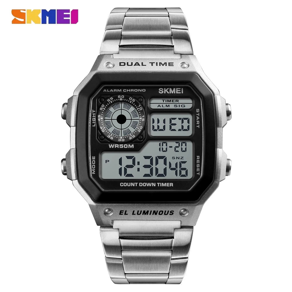 SKMEI 1335 Retro SportsDigital Watch for Men Waterproof Chrono Electronic Mens Wristwatches Stainless Steel Clock Reloj Hombre