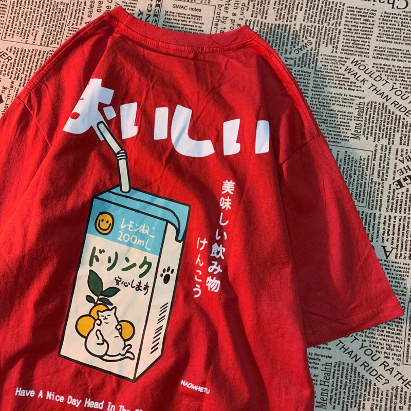 Cute Japanese Cat Print Oversized T-shirt men Women Short Sleeve Loose Casual Tee Shirt Streetwear Tops Cotton Harajuku Clothing - Live Store 4U
