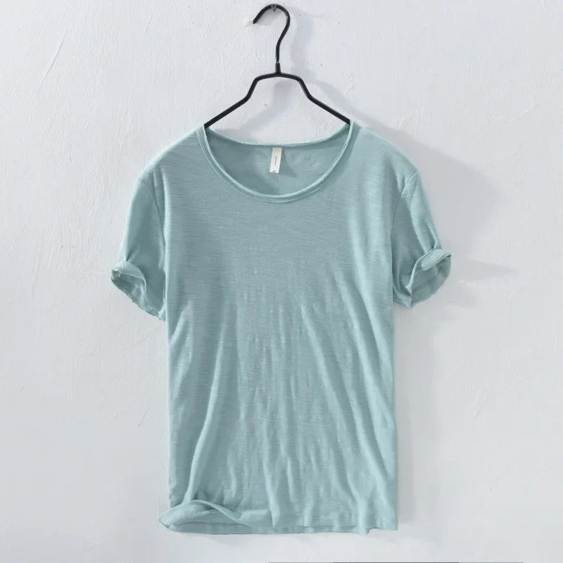 Retro Raw Edge T-Shirt for Men, 100% Cotton, Lightweight,Breathable,Slim-fit, Monochromatic, O-Neck, Casual Basic Top - Live Store 4U