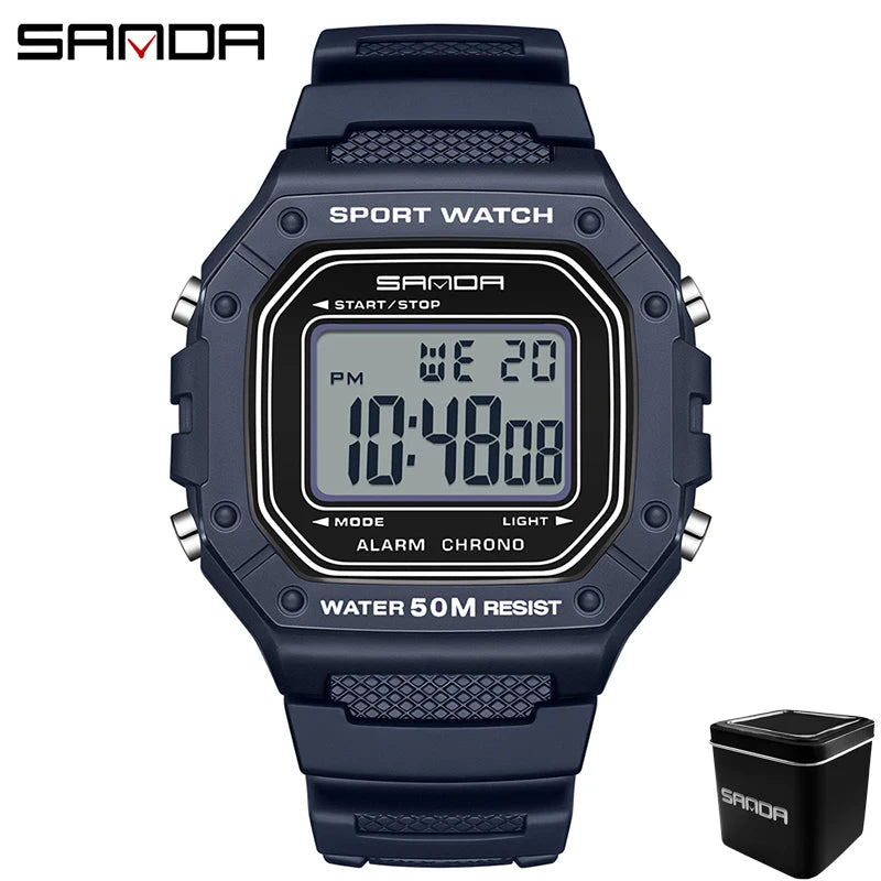 SANDA 2156 Men Watch New Model Electronic Digital Movement Rectangle Led Display Dial Outdoor Sports Watertight Male Wrist Watch