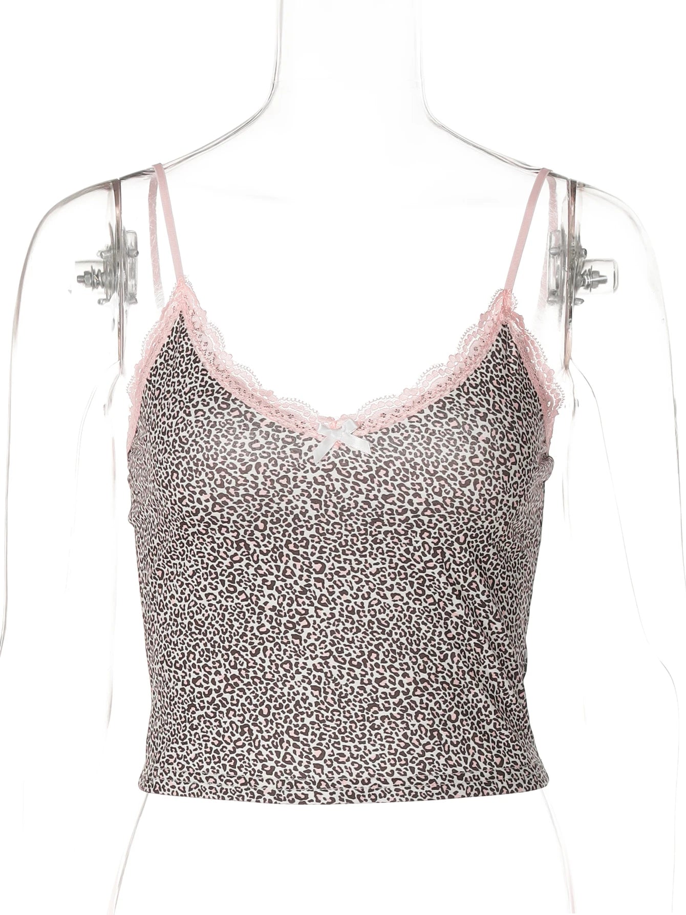 Hugcitar 2025 Leopard Print Slips Bows Patchwork Lace Sexy Slim Crop Camis Top Summer Fashion Women Y2K Outfits Festival Party