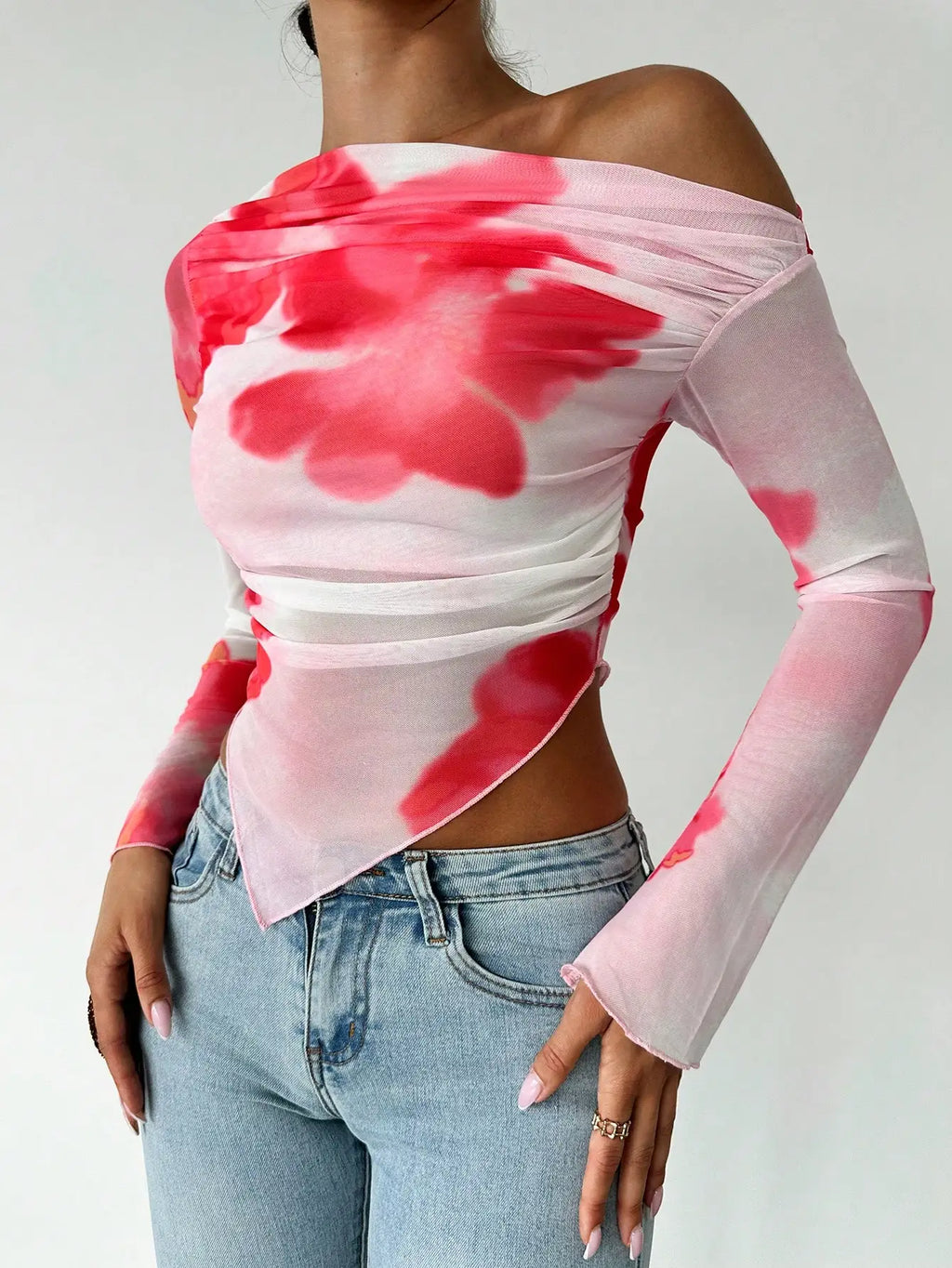Sweet Spice Personality Style Mesh Print Diagonal Shoulder Long Sleeve Top Irregular Off-the-shoulder Short Top for Women