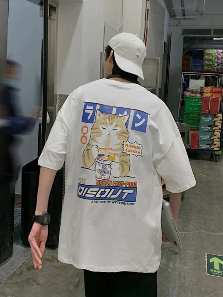 Harajuku Cat Cartoon Eating Noodles Graphic Men Women Tshirts Casual Short Sleeve Tees Japan Style Oversized T Shirt Clothing - Live Store 4U