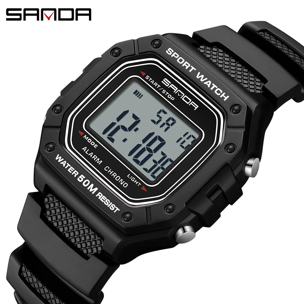 SANDA 2156 Men Watch New Model Electronic Digital Movement Rectangle Led Display Dial Outdoor Sports Watertight Male Wrist Watch
