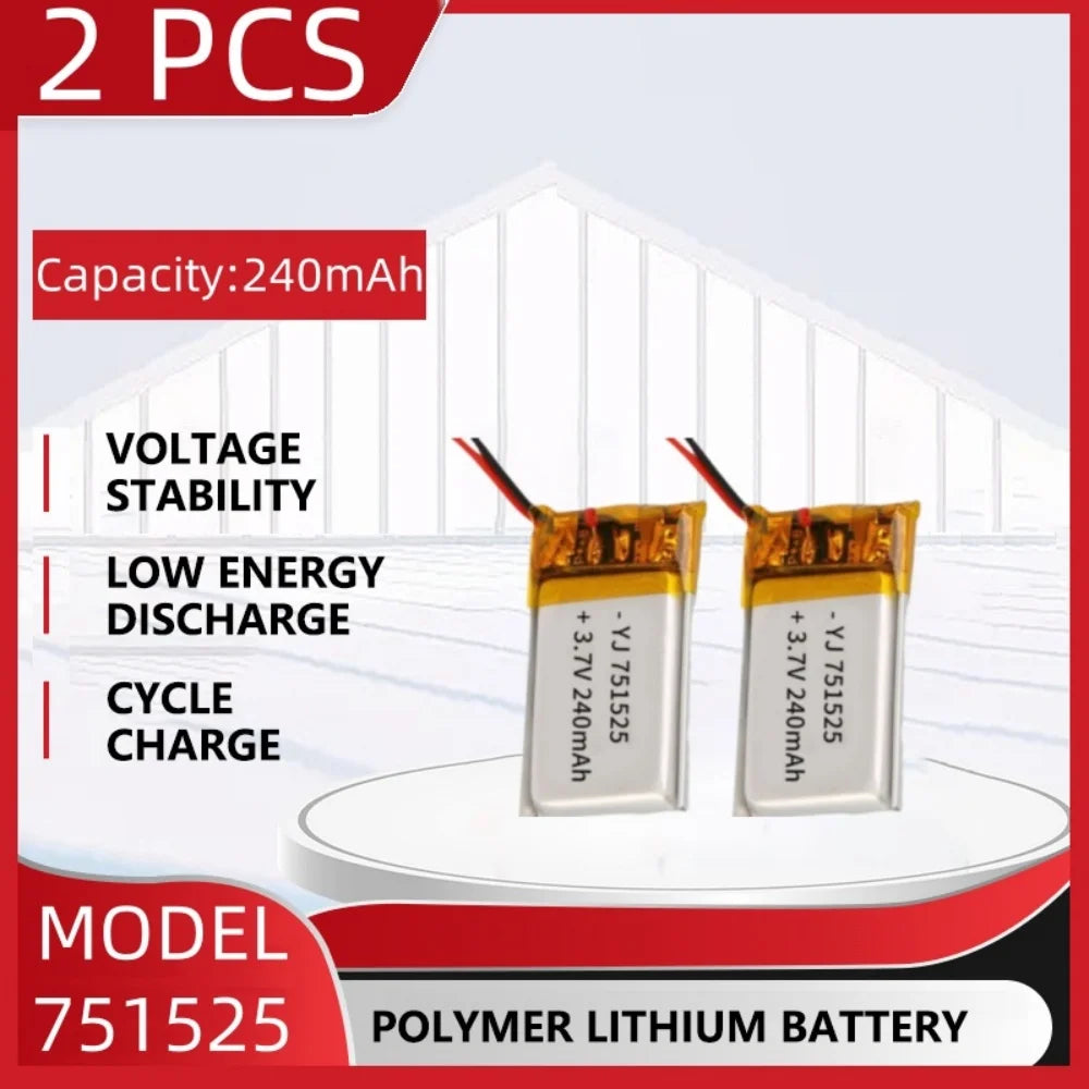 3.7V 240mAh Polymer Lithium LiPo Rechargeable Battery 751525 For Bluetooth headset, beauty instrument, selfie stick, spray, etc