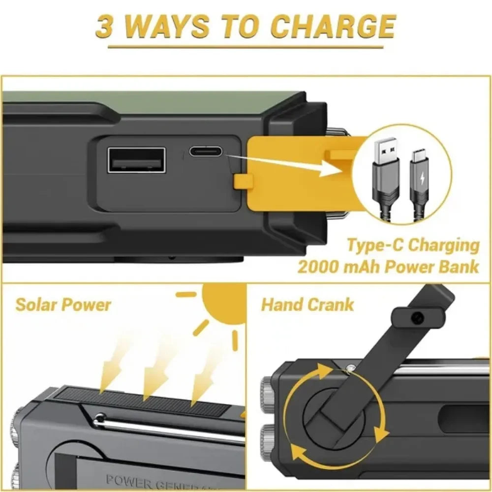 Portable Solar Crank Emergency Radio Global FM Receiver LED Flashlight 2000mAh High Quality SOS Alarm