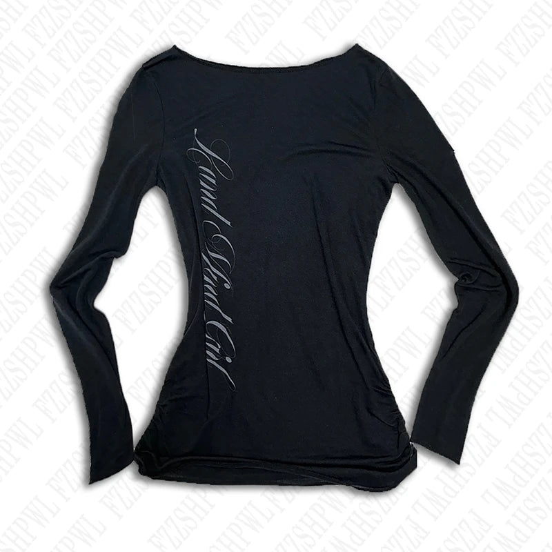 Gothic Harajuku Vintage Punk Emo Girls Long Sleeve Tee Sexy Slim Chic Printing Crop Tops Grunge Y2K Aesthetic Women's Streetwear