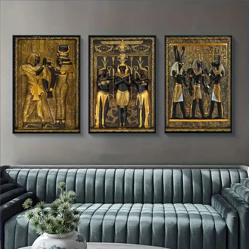 3pcs Canvas Poster Vintage Art Black Gold Egyptian Wall Art Figure Painting Ideal Gift Bedroom Living Room Dorm Corridor Decor
