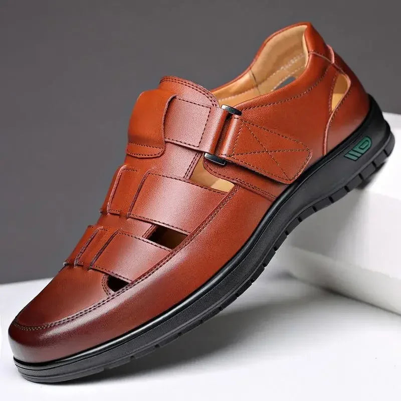 Summer New Men's Hollow up PU Leather Breathable Sandals Non-slip Flat Soft Bottom Handmade Trendy Design Shoes Men's Shoes